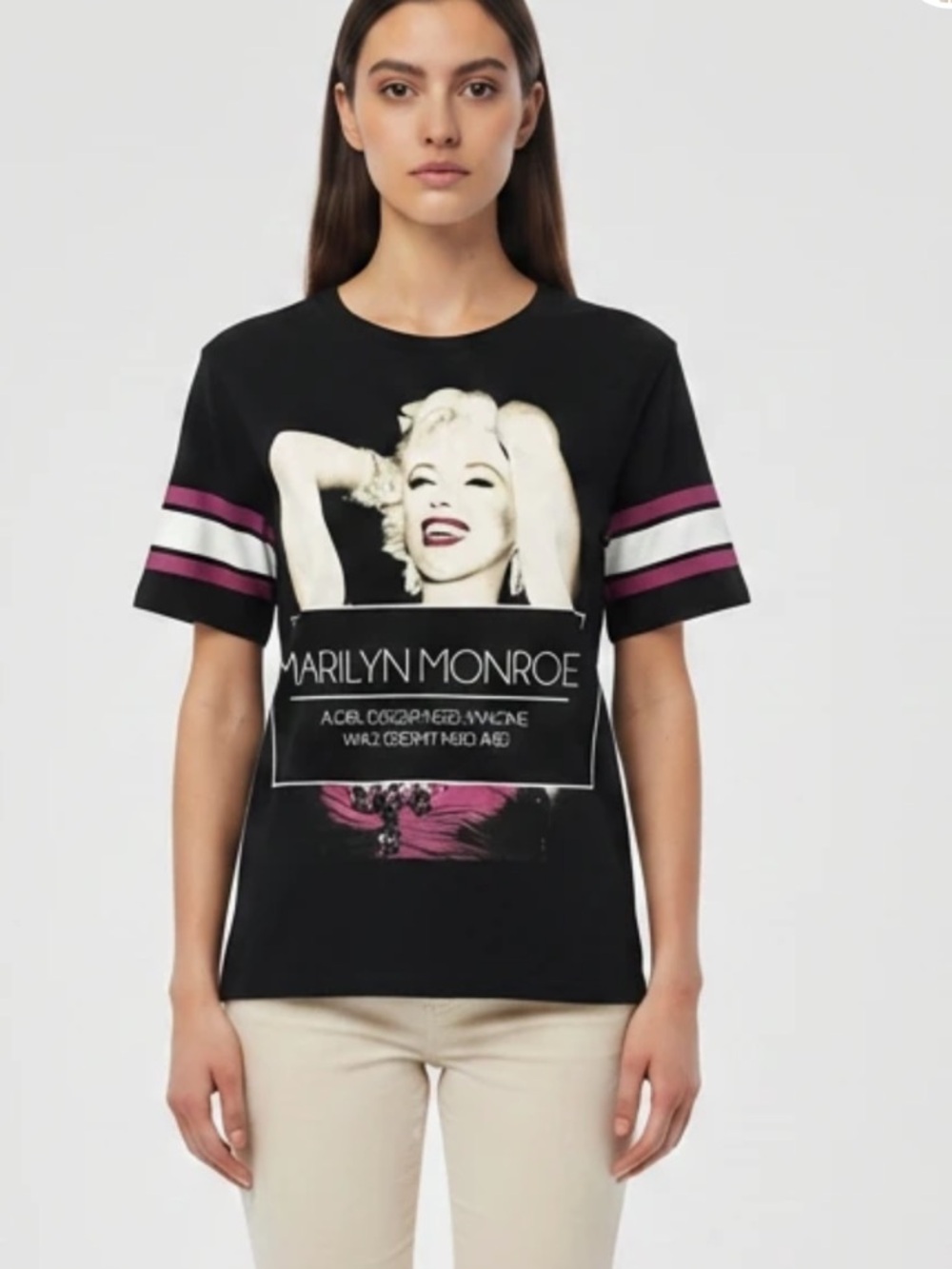 Marilyn Monroe Graphic Black Tee with Pink Stripes